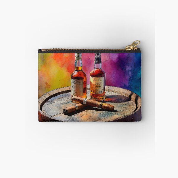 Item preview, Whiskey Bottles and Cigars on Wooden Barrel - Vibrant Background of Luxury and Relaxation designed and sold by OlfactoART Studio.