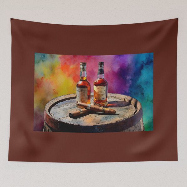 Item preview, Whiskey Bottles and Cigars on Wooden Barrel - Vibrant Background of Luxury and Relaxation designed and sold by OlfactoART Studio.