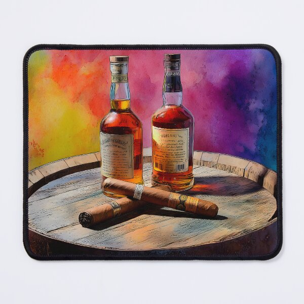 Item preview, Whiskey Bottles and Cigars on Wooden Barrel - Vibrant Background of Luxury and Relaxation designed and sold by OlfactoART Studio.