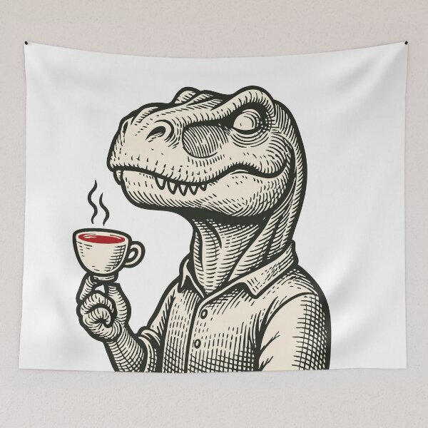 Item preview, T-Rex dinosaur with cup of tea designed and sold by Painted Planet.