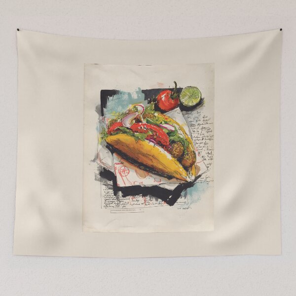 Item preview, Vibrant Falafel Sandwich with Fresh Veggies and Artistic Notes- Middle Eastern Street Food Delight designed and sold by OlfactoART Studio.
