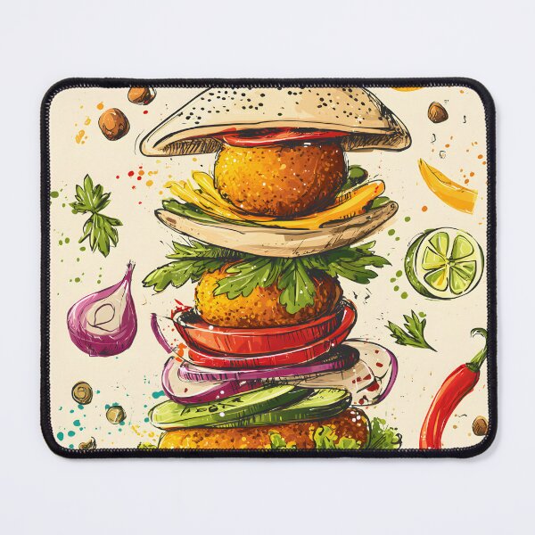 Item preview, Towering Falafel Delight with Floating Spices and Vibrant Veggies in a Playful Culinary Whirl designed and sold by OlfactoART Studio.