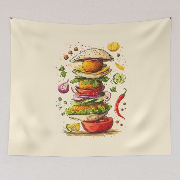 Item preview, Towering Falafel Delight with Floating Spices and Vibrant Veggies in a Playful Culinary Whirl designed and sold by OlfactoART Studio.
