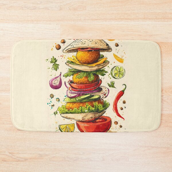 Item preview, Towering Falafel Delight with Floating Spices and Vibrant Veggies in a Playful Culinary Whirl designed and sold by OlfactoART Studio.