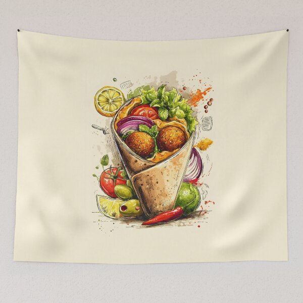 Item preview, Bursting Falafel Wrap with Fresh Vegetables, Aromatic Herbs, Zesty Lemon and Colorful Ingredients Digital AI Art designed and sold by OlfactoART Studio.