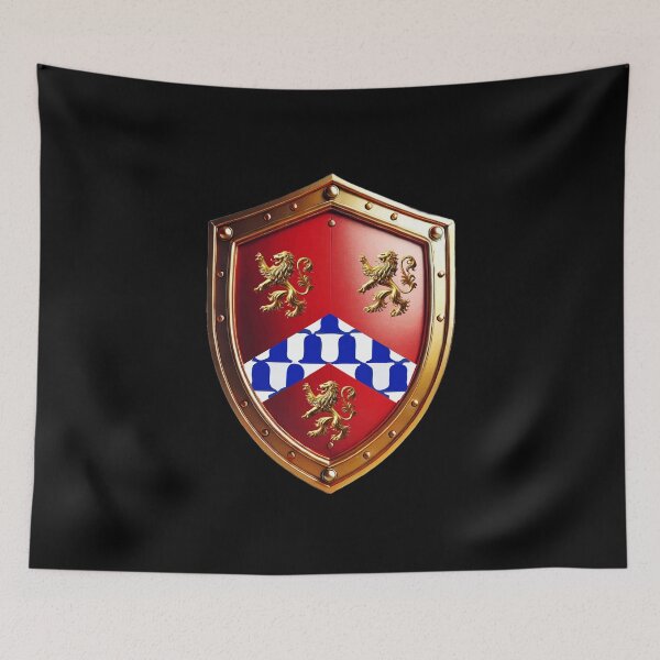 Item preview, White Heraldic Shield  Chequy Blue Chevron & Golden Lions on Red designed and sold by Highlandkings.