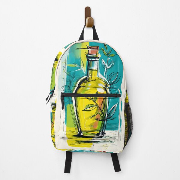 Item preview, Abstract Olive Oil Bottle with Leaves - Bold Teal and Yellow Modern Kitchen Art designed and sold by OlfactoART Studio.