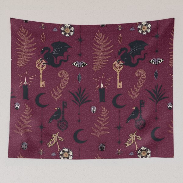 Item preview, Unlock the dark side - gothic dragon and raven holding keys on cabernet red foliage background designed and sold by kobyakov.