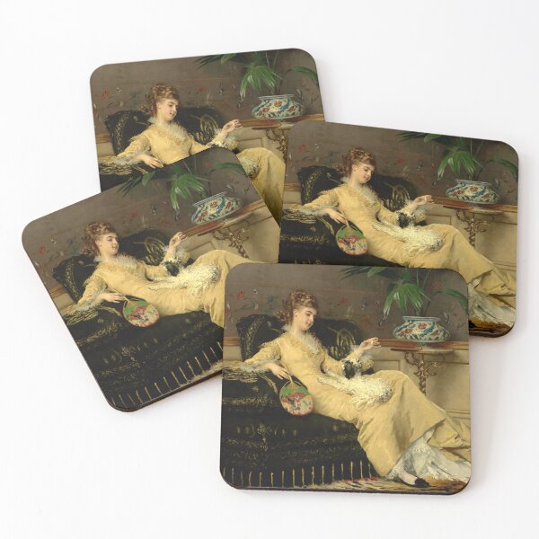 Item preview, Woman in Yellow with lapdog(c. 1875) by Gustave Léonard de Jonghe designed and sold by PureVintageLove.