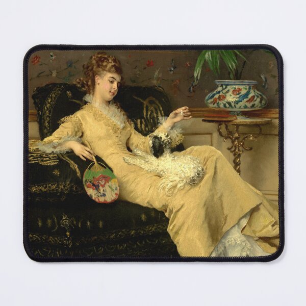 Item preview, Woman in Yellow with lapdog(c. 1875) by Gustave Léonard de Jonghe designed and sold by PureVintageLove.