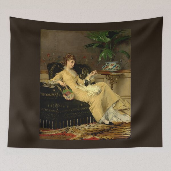 Item preview, Woman in Yellow with lapdog(c. 1875) by Gustave Léonard de Jonghe designed and sold by PureVintageLove.