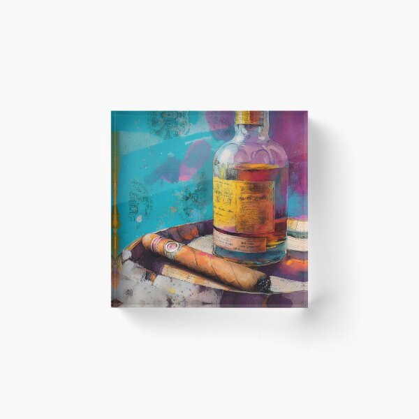 Item preview, Whiskey Bottle and Cigar on Aged Barrel - Artistic Stamps and Vibrant Colors Create Bold Contrast designed and sold by OlfactoART Studio.
