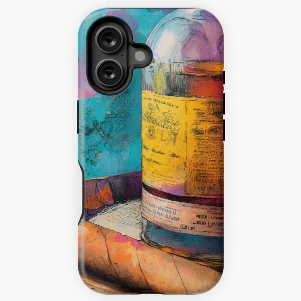 Item preview, Whiskey Bottle and Cigar on Aged Barrel - Artistic Stamps and Vibrant Colors Create Bold Contrast designed and sold by OlfactoART Studio.