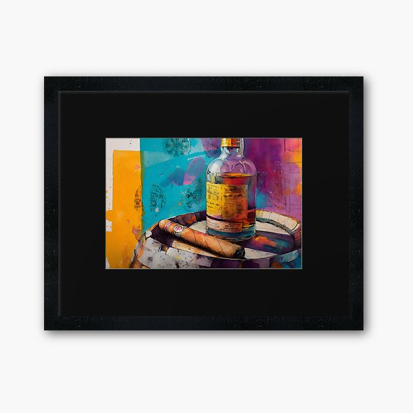 Item preview, Whiskey Bottle and Cigar on Aged Barrel - Artistic Stamps and Vibrant Colors Create Bold Contrast designed and sold by OlfactoART Studio.