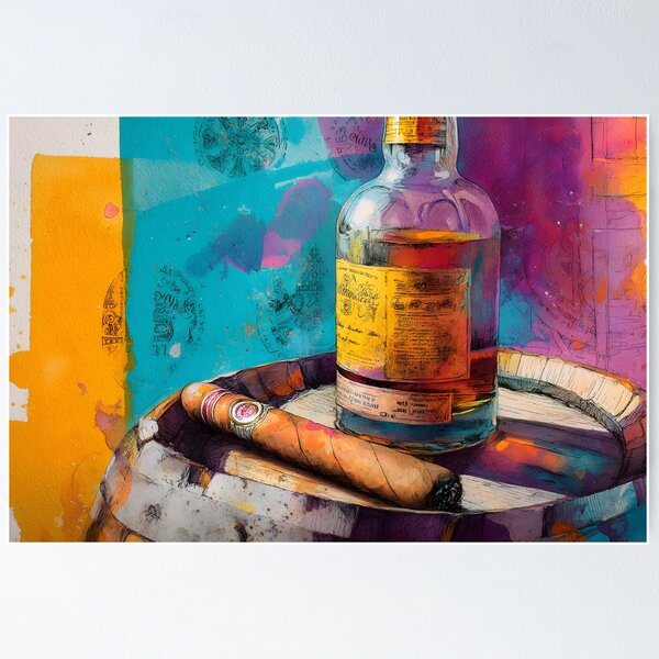 Item preview, Whiskey Bottle and Cigar on Aged Barrel - Artistic Stamps and Vibrant Colors Create Bold Contrast designed and sold by OlfactoART Studio.