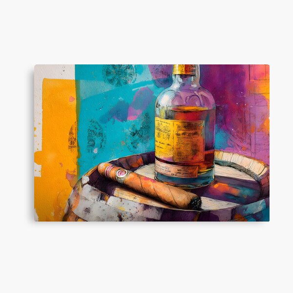 Item preview, Whiskey Bottle and Cigar on Aged Barrel - Artistic Stamps and Vibrant Colors Create Bold Contrast designed and sold by OlfactoART Studio.