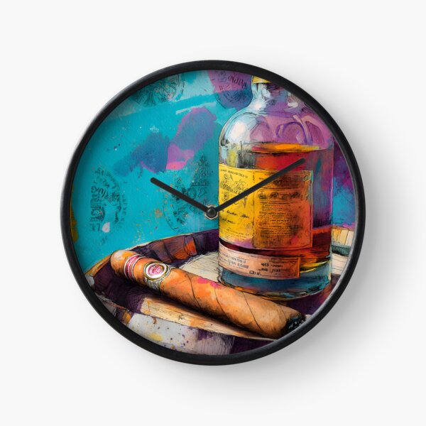 Item preview, Whiskey Bottle and Cigar on Aged Barrel - Artistic Stamps and Vibrant Colors Create Bold Contrast designed and sold by OlfactoART Studio.