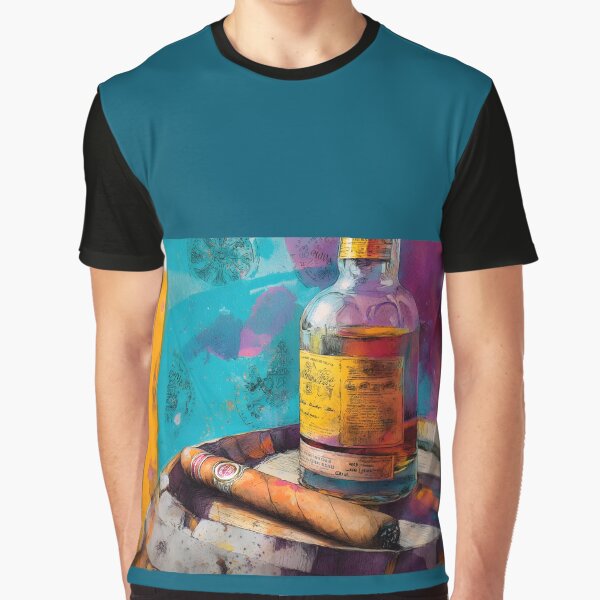 Item preview, Whiskey Bottle and Cigar on Aged Barrel - Artistic Stamps and Vibrant Colors Create Bold Contrast designed and sold by OlfactoART Studio.