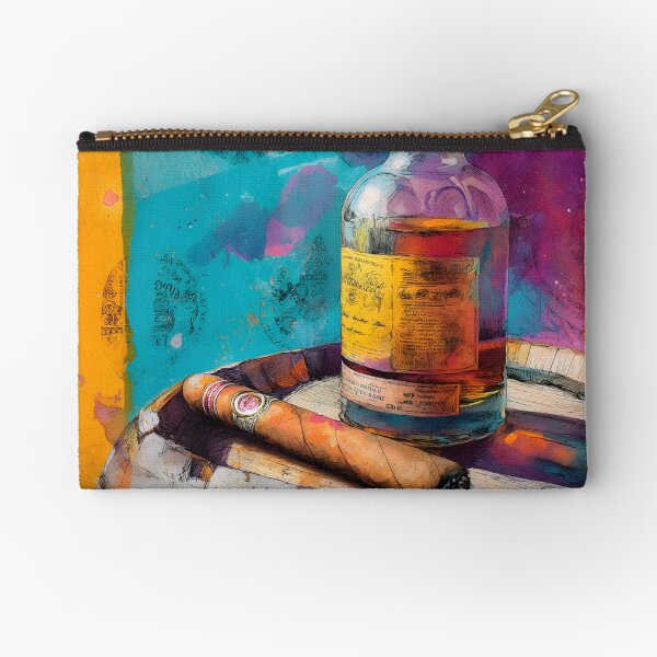 Item preview, Whiskey Bottle and Cigar on Aged Barrel - Artistic Stamps and Vibrant Colors Create Bold Contrast designed and sold by OlfactoART Studio.