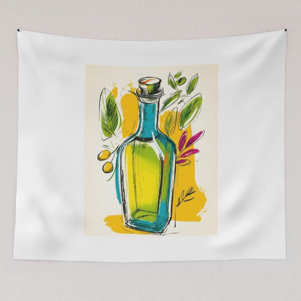 Item preview, Olive Oil Bottle Surrounded by Olives and Leaves - Vibrant Kitchen Art for Food Lovers designed and sold by OlfactoART Studio.