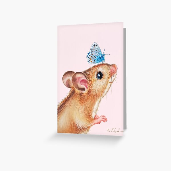 Mouse with butterfly by Maria Tiqwah Greeting Card