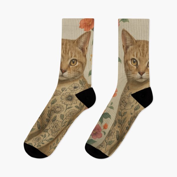 Item preview, Tattooed Floral Cat with Vibrant Botanical Background – Unique Art Print designed and sold by DibujandoPorfa.