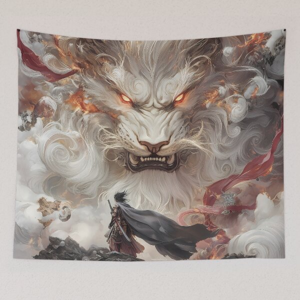 Item preview, Ember Titans Beyond Enormous Fiery Lion Spirit Faces Tiny Warrior Cloudstorm designed and sold by lassedgkotsij.