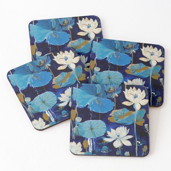 Item preview, Lotus Flowers and Lily Pads in Cobalt Blue, Gold and White on Black (Seamless Patter) designed and sold by dawnleblanc55.