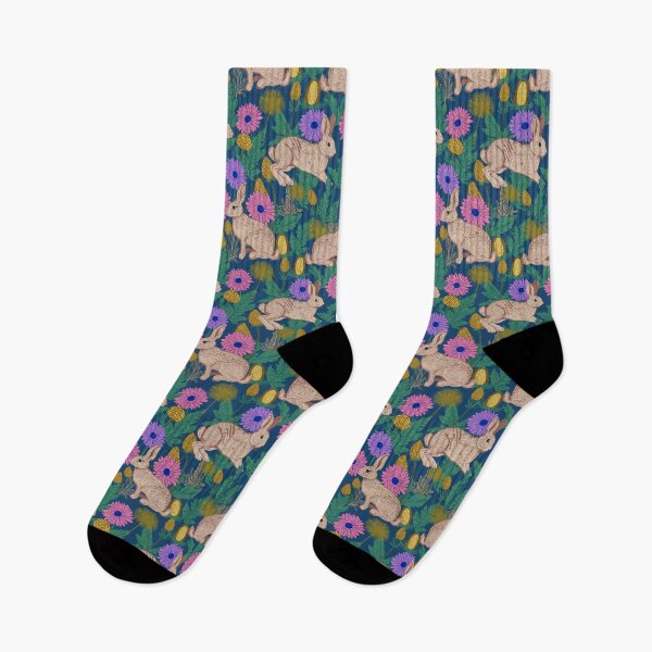 Item preview, Rustic Rabbit Floral Pattern – Pink and Purple Blooms with Golden Accents on Deep Blue designed and sold by HuesofHeart.