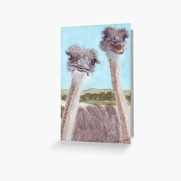 Ostriches with curious cute faces painted in watercolor. Greeting Card
