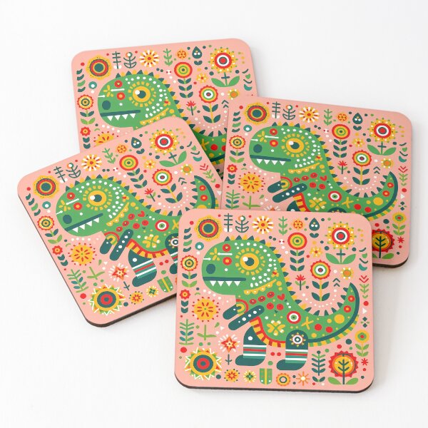 Item preview, Cute Tyrannosaurus Rex with Flowers - Scandinavian Folk Art by heidiannemorris © designed and sold by FOLK ART FUSION by heidiannemorris.