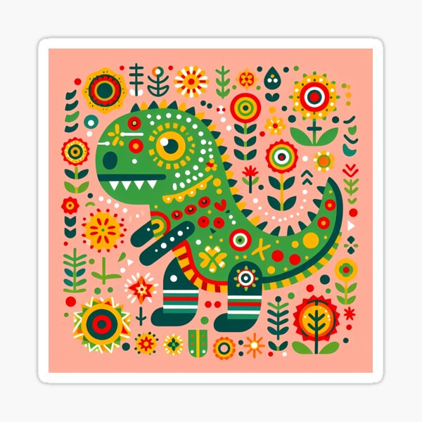 Aperçu de l'œuvre Tyrannosaure Rex mignon avec des fleurs - Art populaire scandinave par heidiannemorris © créée et vendue par FOLK ART FUSION by heidiannemorris.