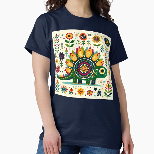 Item preview, Cute Stegosaurus with Flowers - Scandinavian Folk Art by heidiannemorris © designed and sold by FOLK ART FUSION by heidiannemorris.