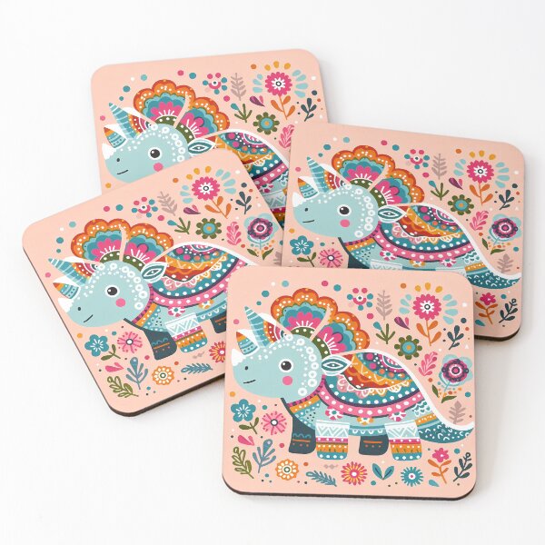 Item preview, Cute Triceratops with Flowers - Scandinavian Folk Art by heidiannemorris © designed and sold by FOLK ART FUSION by heidiannemorris.