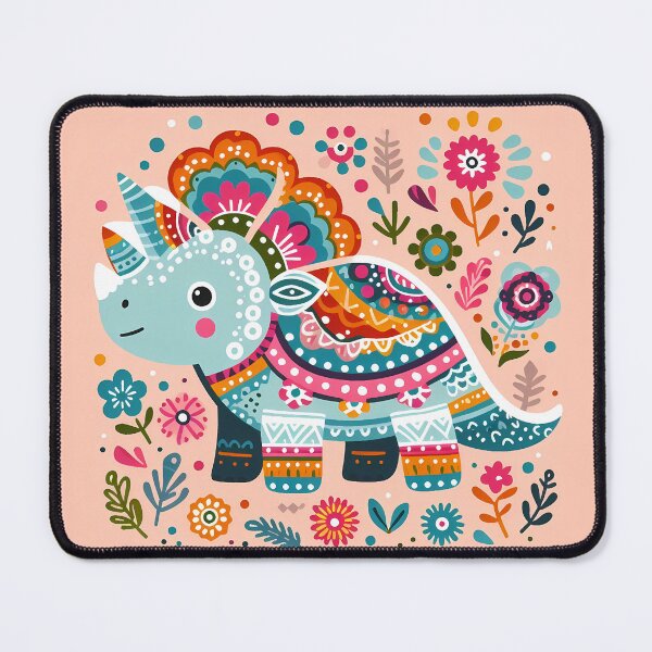 Item preview, Cute Triceratops with Flowers - Scandinavian Folk Art by heidiannemorris © designed and sold by FOLK ART FUSION by heidiannemorris.