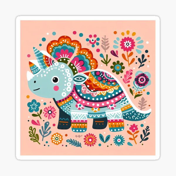 Aperçu de l'œuvre Tricératops mignon avec des fleurs - Art populaire scandinave par heidiannemorris © créée et vendue par FOLK ART FUSION by heidiannemorris.