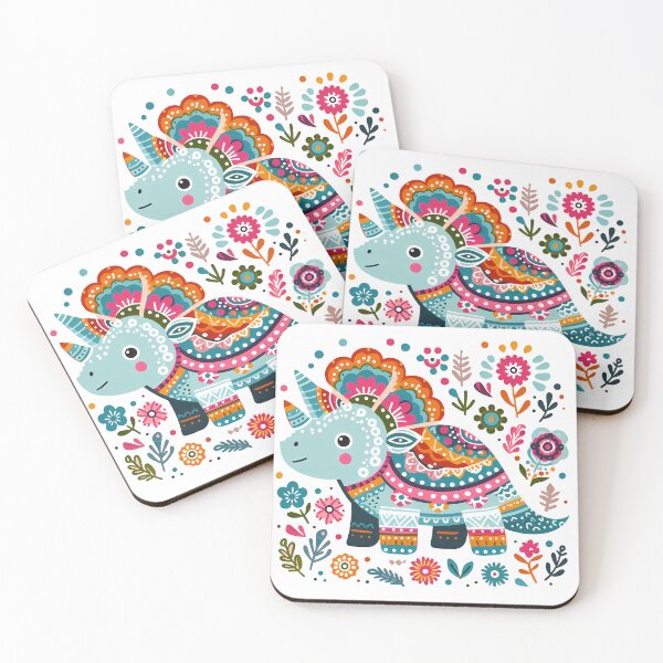 Item preview, Cute Triceratops with Flowers - Scandinavian Folk Art by heidiannemorris © designed and sold by FOLK ART FUSION by heidiannemorris.