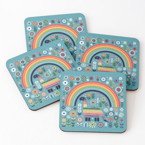 Item preview, Cute Diplodocus Dinosaur with Rainbow and Flowers - Scandinavian Folk Art by heidiannemorris © designed and sold by FOLK ART FUSION by heidiannemorris.