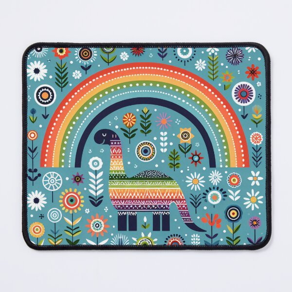 Item preview, Cute Diplodocus Dinosaur with Rainbow and Flowers - Scandinavian Folk Art by heidiannemorris © designed and sold by FOLK ART FUSION by heidiannemorris.