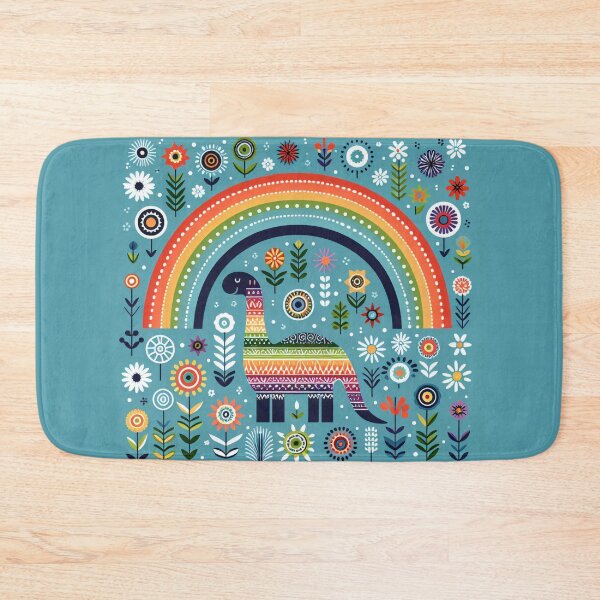 Item preview, Cute Diplodocus Dinosaur with Rainbow and Flowers - Scandinavian Folk Art by heidiannemorris © designed and sold by FOLK ART FUSION by heidiannemorris.