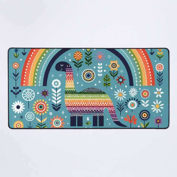 Item preview, Cute Diplodocus Dinosaur with Rainbow and Flowers - Scandinavian Folk Art by heidiannemorris © designed and sold by FOLK ART FUSION by heidiannemorris.