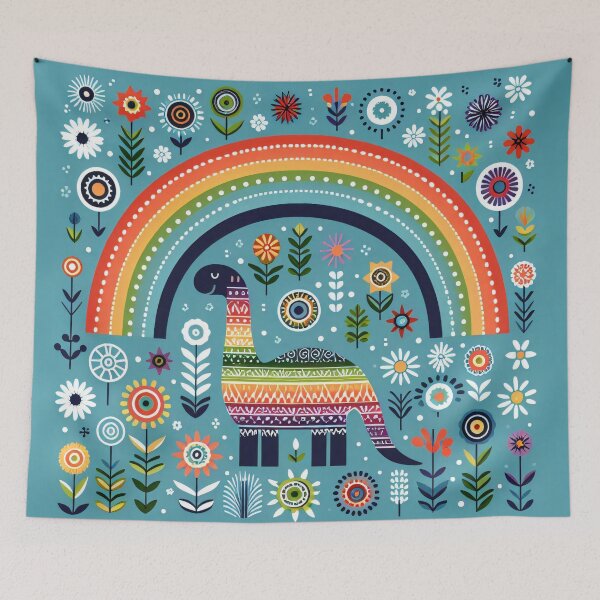 Item preview, Cute Diplodocus Dinosaur with Rainbow and Flowers - Scandinavian Folk Art by heidiannemorris © designed and sold by FOLK ART FUSION by heidiannemorris.