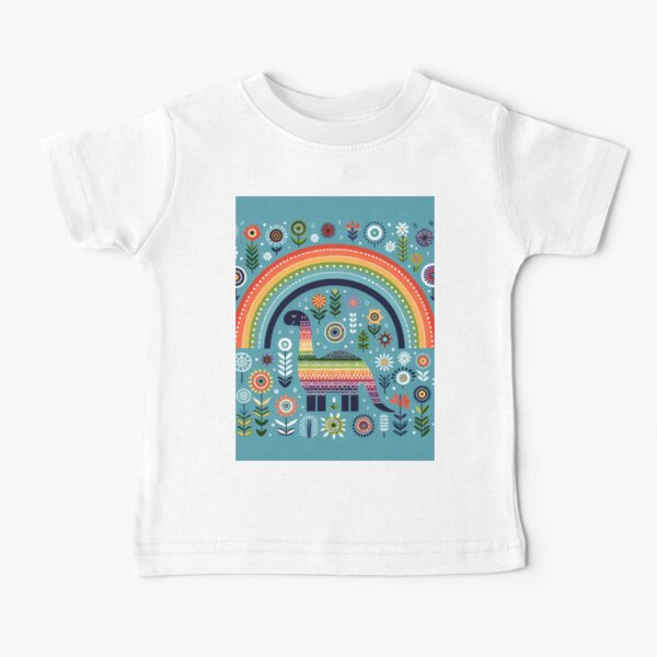 Item preview, Cute Diplodocus Dinosaur with Rainbow and Flowers - Scandinavian Folk Art by heidiannemorris © designed and sold by FOLK ART FUSION by heidiannemorris.