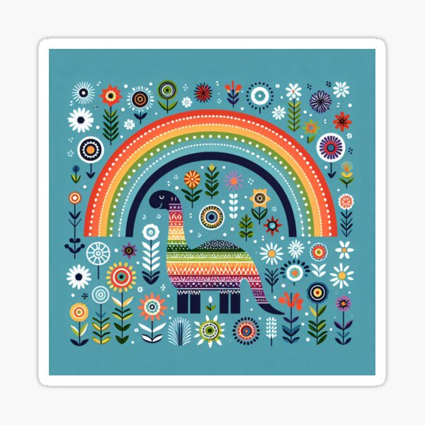 Item preview, Cute Diplodocus Dinosaur with Rainbow and Flowers - Scandinavian Folk Art by heidiannemorris © designed and sold by FOLK ART FUSION by heidiannemorris.