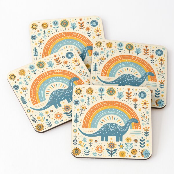 Item preview, Cute Brontosaurus Dinosaur with Rainbow and Flowers - Scandinavian Folk Art by heidiannemorris © designed and sold by FOLK ART FUSION by heidiannemorris.