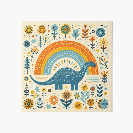 Vista previa del artículo con la obra «Lindo dinosaurio brontosaurio con arcoíris y flores - Arte popular escandinavo de heidiannemorris ©», diseñado y vendido por FOLK ART FUSION by heidiannemorris.