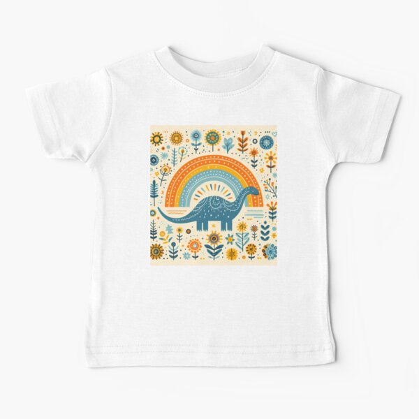 Item preview, Cute Brontosaurus Dinosaur with Rainbow and Flowers - Scandinavian Folk Art by heidiannemorris © designed and sold by FOLK ART FUSION by heidiannemorris.