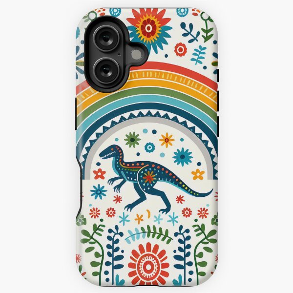 Aperçu de l'œuvre Dinosaure rapace mignon avec arc-en-ciel et fleurs - Art populaire scandinave par heidiannemorris © créée et vendue par FOLK ART FUSION by heidiannemorris.