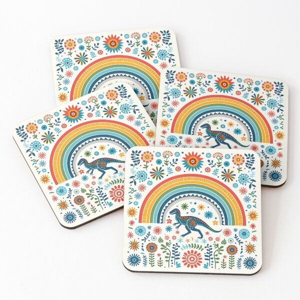 Item preview, Cute Raptor Dinosaur with Rainbow and Flowers - Scandinavian Folk Art by heidiannemorris © designed and sold by FOLK ART FUSION by heidiannemorris.