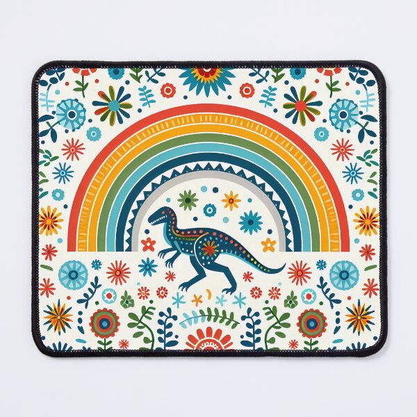 Item preview, Cute Raptor Dinosaur with Rainbow and Flowers - Scandinavian Folk Art by heidiannemorris © designed and sold by FOLK ART FUSION by heidiannemorris.